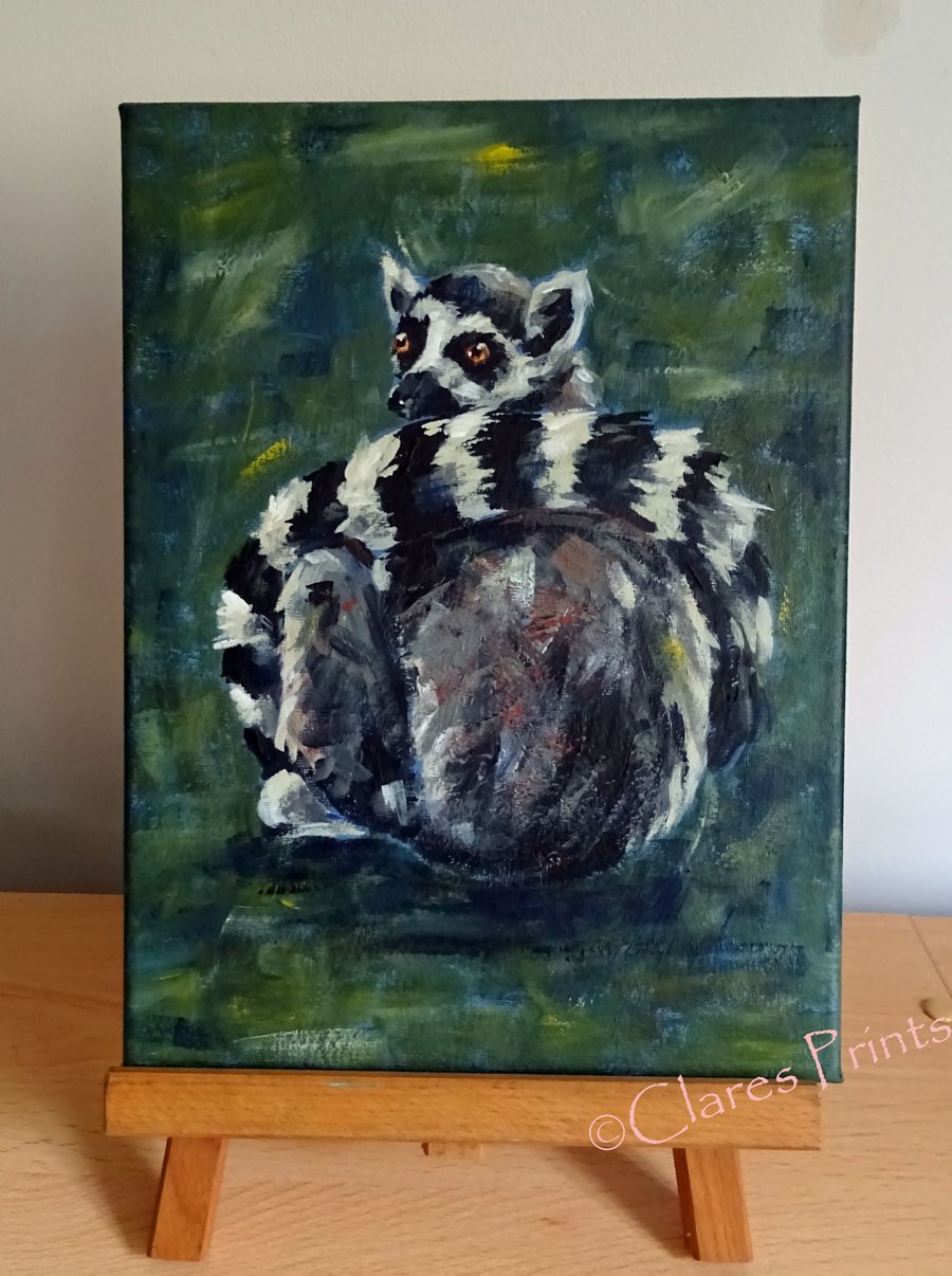 Ring Tailed Lemur Art Original Acrylic Painting on Canvas OOAK 