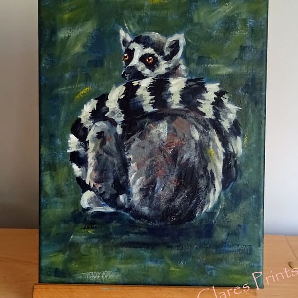 Ring Tailed Lemur Art Original Acrylic Painting on Canvas OOAK 