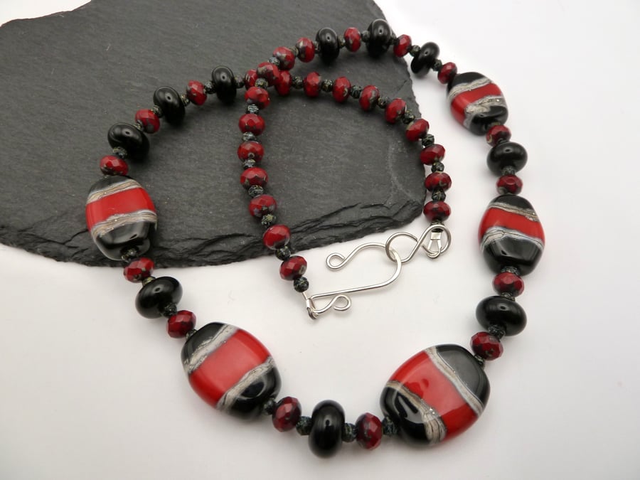 lampwork glass beaded necklace, black and red jewellery