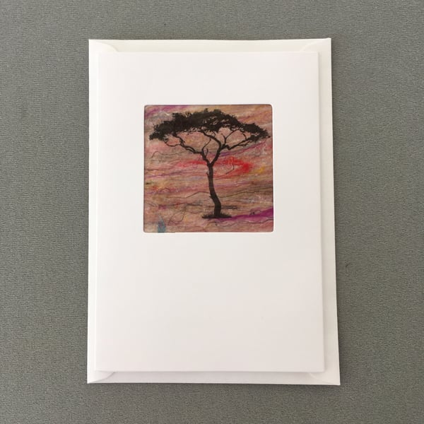 Seconds sunday Greeting card, print on hand made silk paper, tree silhouette (1)