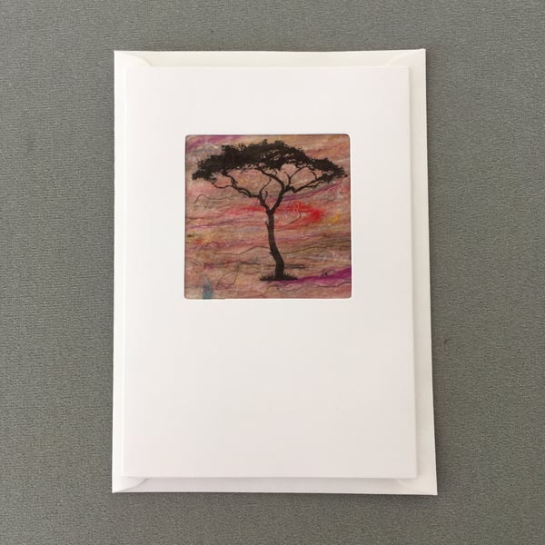 Seconds sunday Greeting card, print on hand made silk paper, tree silhouette (1)