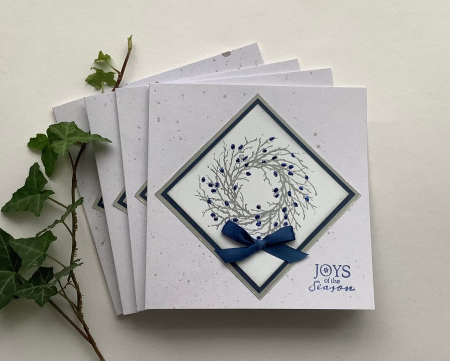 CHRISTMAS CARDS, pack of 4 , ' Joys of the Season'. Navy , silver.