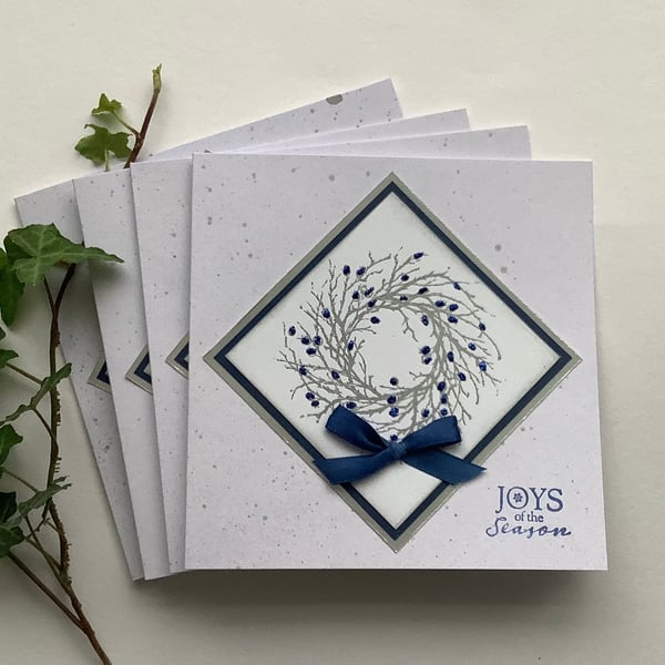 CHRISTMAS CARDS, pack of 4 , ' Joys of the Season'. Navy , silver.