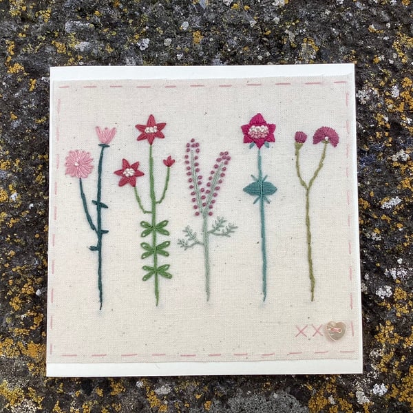 Five Little Flowers in pinks hand embroidered card