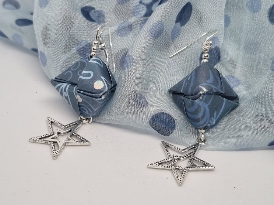 Origami earrings blue metallic paper and star charms