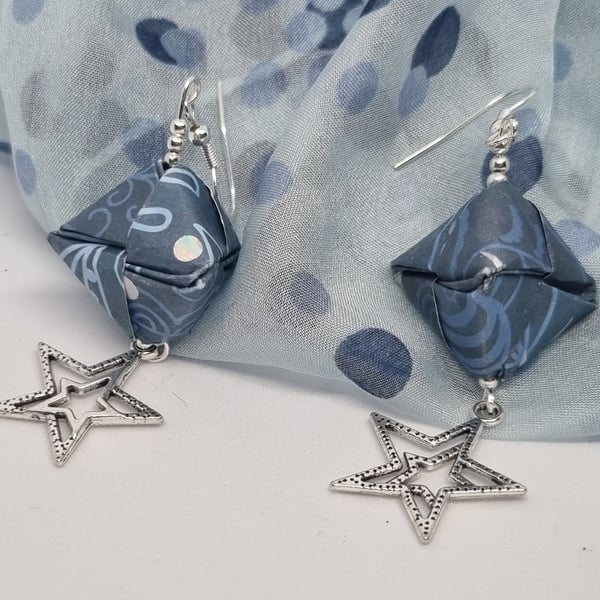 Origami earrings blue metallic paper and star charms