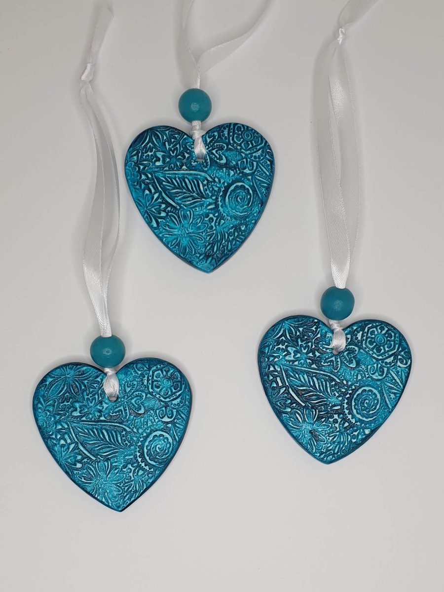 Clay heart hanging decoration, petrol blue and white, pretty gift for her 