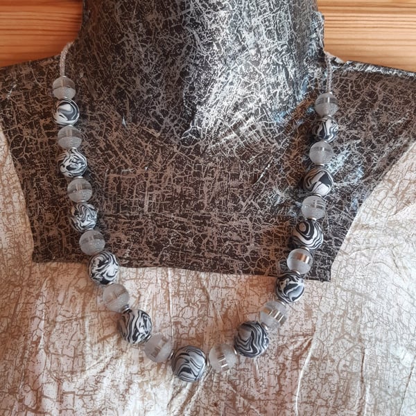White, Silver and Black Polymer Clay & Glass Necklace - Handmade Swirl Beads