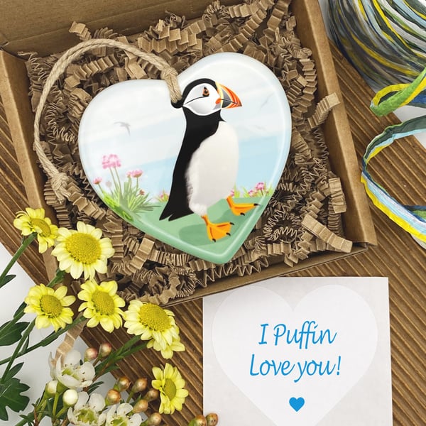 Puffin Ceramic Heart – Valentine’s Gift, Seaside Decoration, Gift Boxed