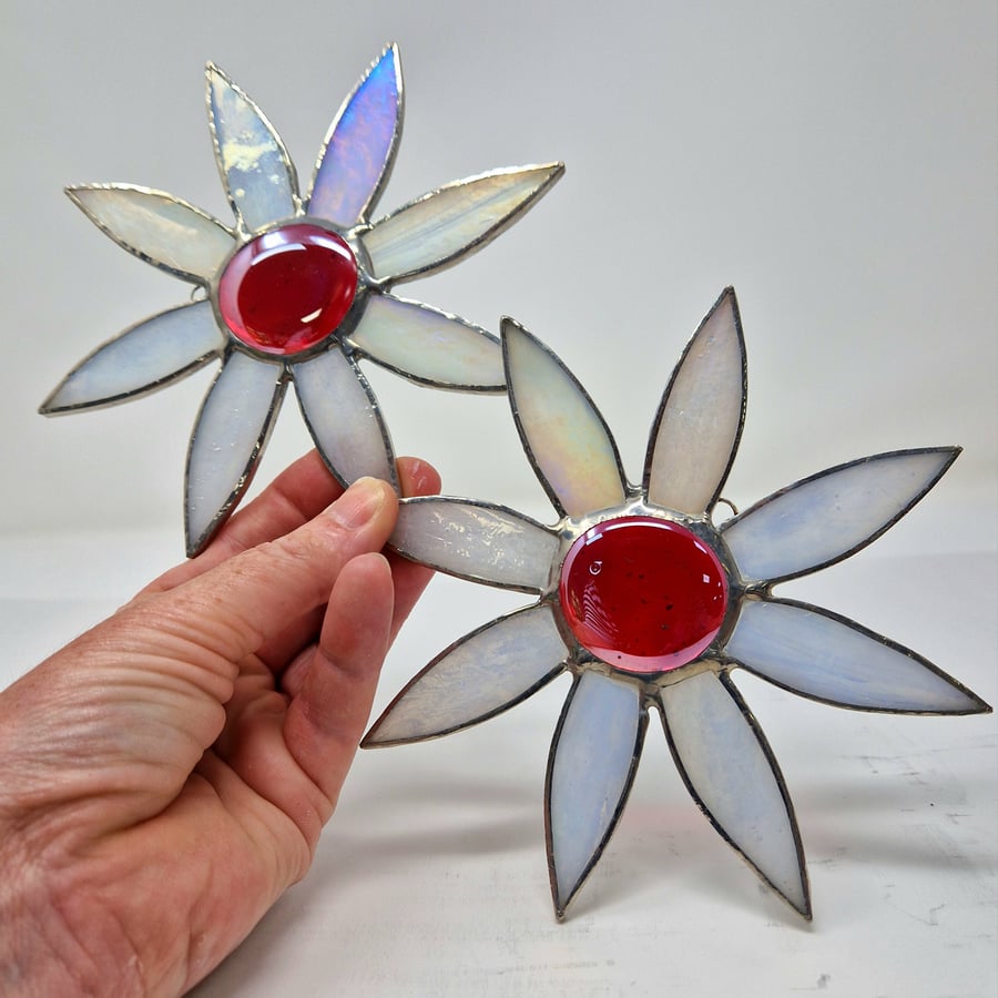 Stained glass flower, white and iridescent red copperfoil suncatcher