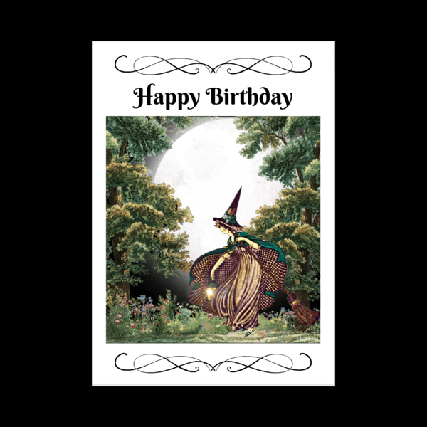 Moonlight Witch Happy Birthday Card Personalised Seeded Option Pagan Wiccan