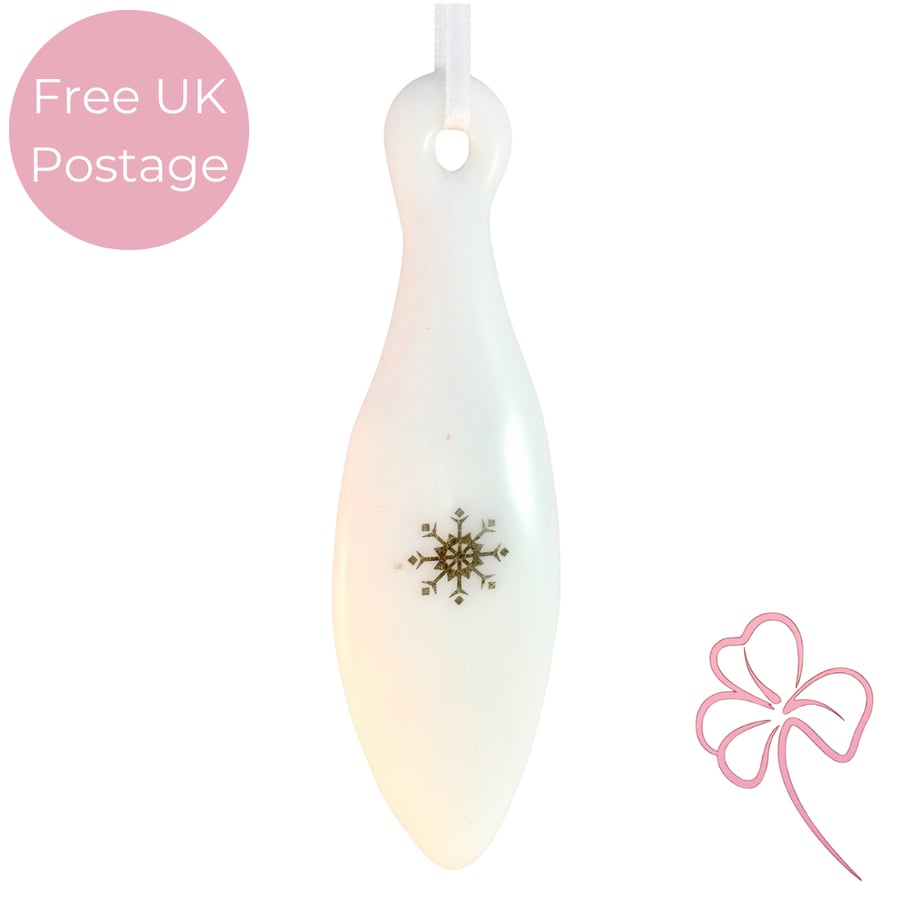 Long White & Silver Snlowflake Fused Glass Christmas Tree Decoration 