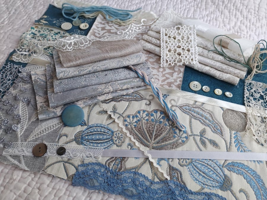 Textile inspiration bundle - Vintage Lace and Reclaimed Curtains - Sapphire Blue