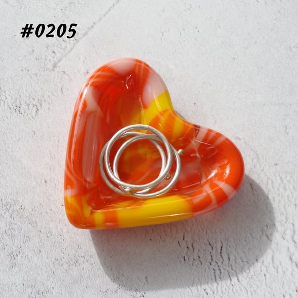Orange & yellow heart shaped fused glass ring dish, 5cm approx (0205)