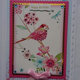 Birthday Card Happy Birthday Cute Pretty Jewelled Bird Gems Flowers