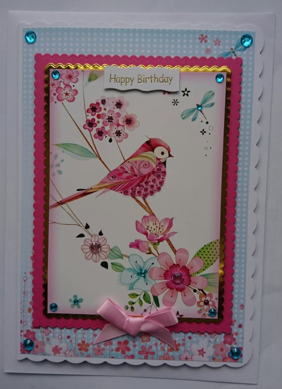 Birthday Card Happy Birthday Cute Pretty Jewelled Bird Gems Flowers