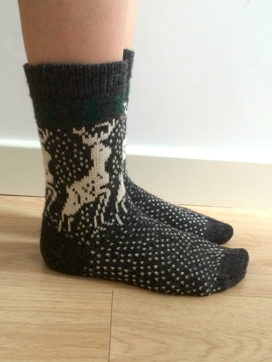 READY TO SHIP Dark Grey Wool Socks Reindeer FairIsle Nordic Scandinavian