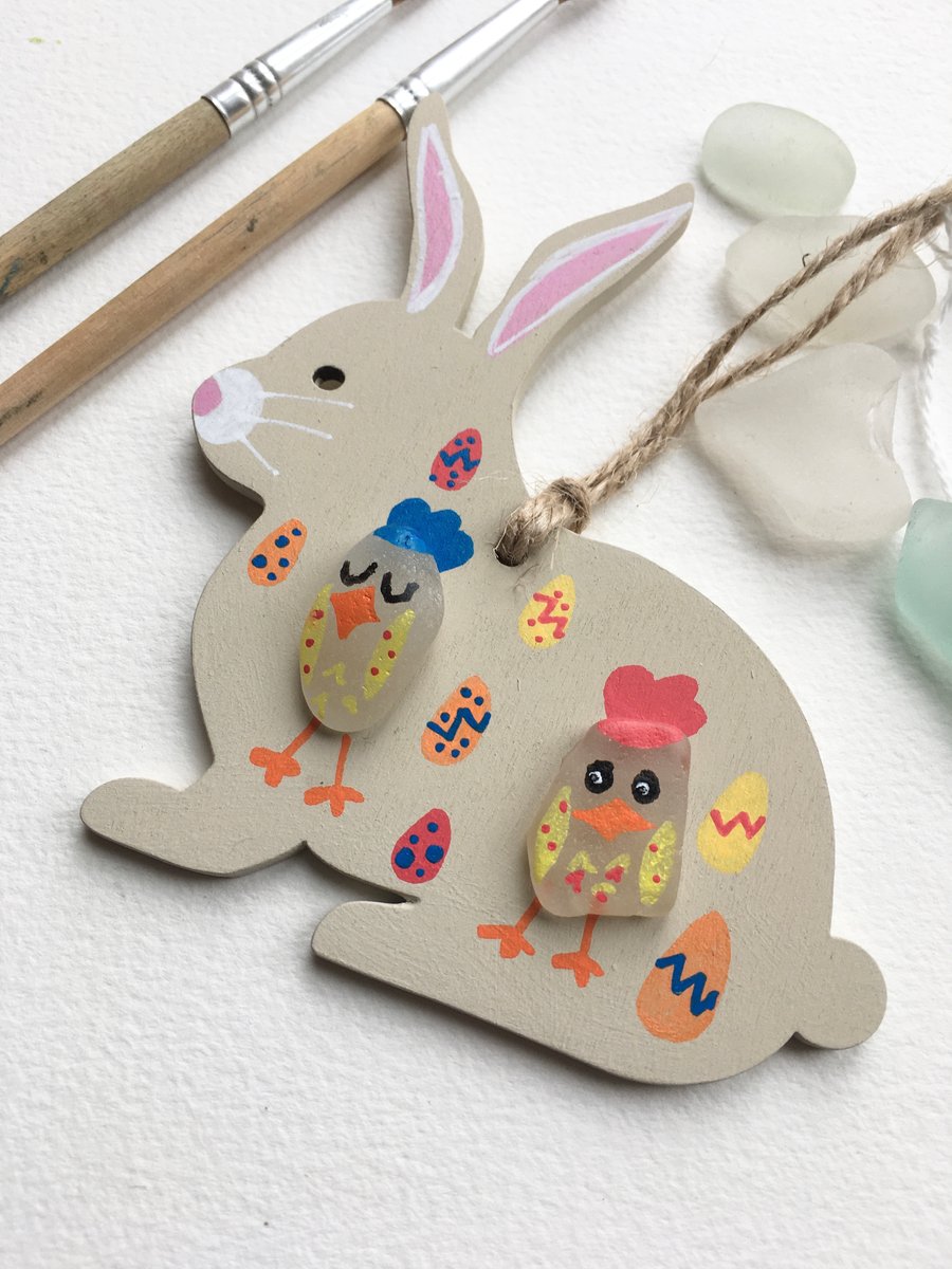 Wooden Easter Bunny, hand painted sea glass decoration 