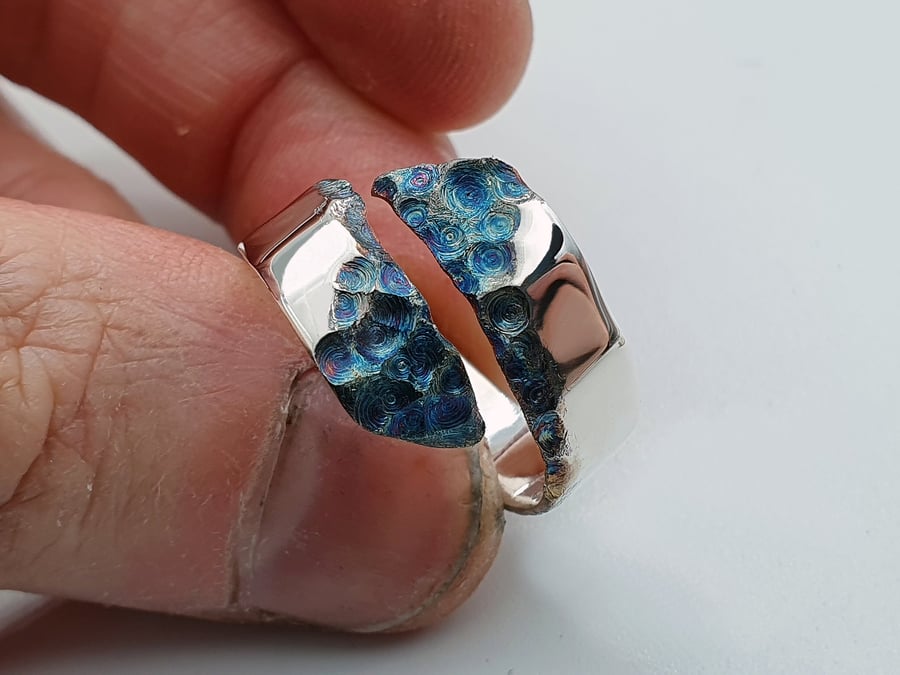 Sterling Silver Open Ring with Blue Oxidised Swirl Texture