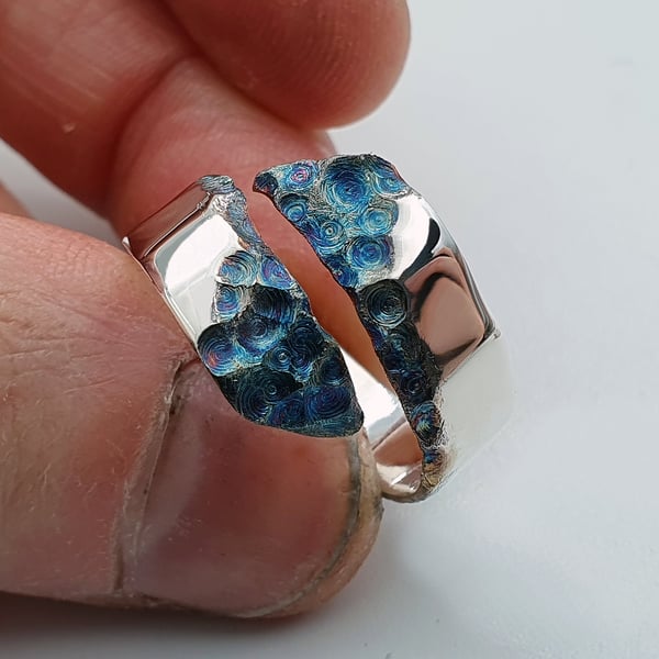 Sterling Silver Open Ring with Blue Oxidised Swirl Texture