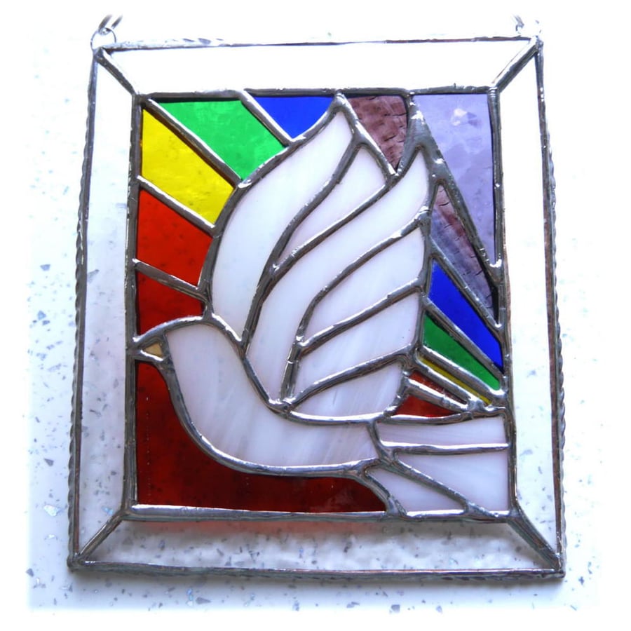 SOLD Rainbow Dove Stained Glass Art Picture Suncatcher Handmade 017