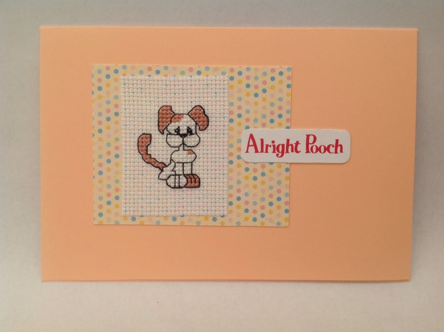 Dog cross stitch card with the wording 'Alright Pooch'