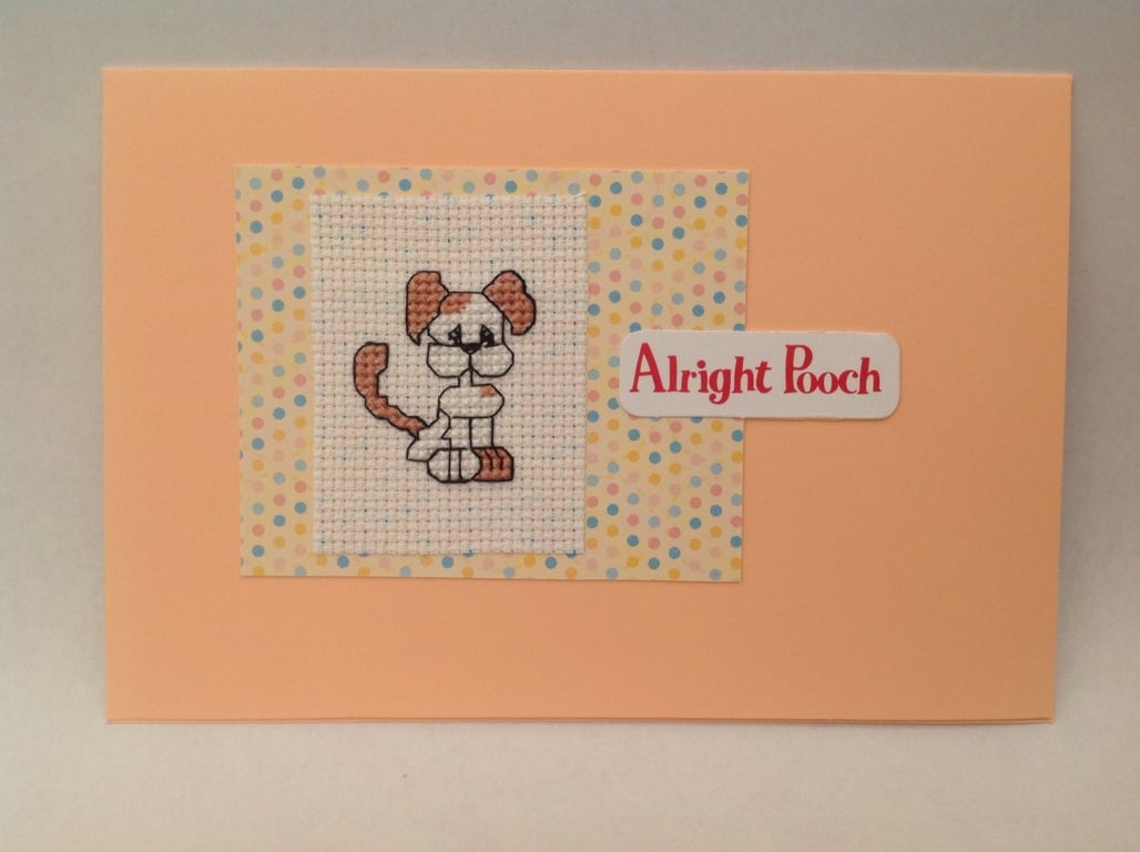 Dog cross stitch card with the wording 'Alright Pooch'