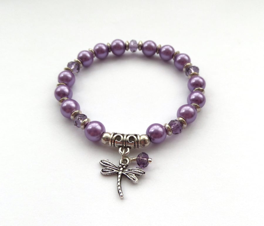 Purple Stretch Bracelet with Dragonfly Charm