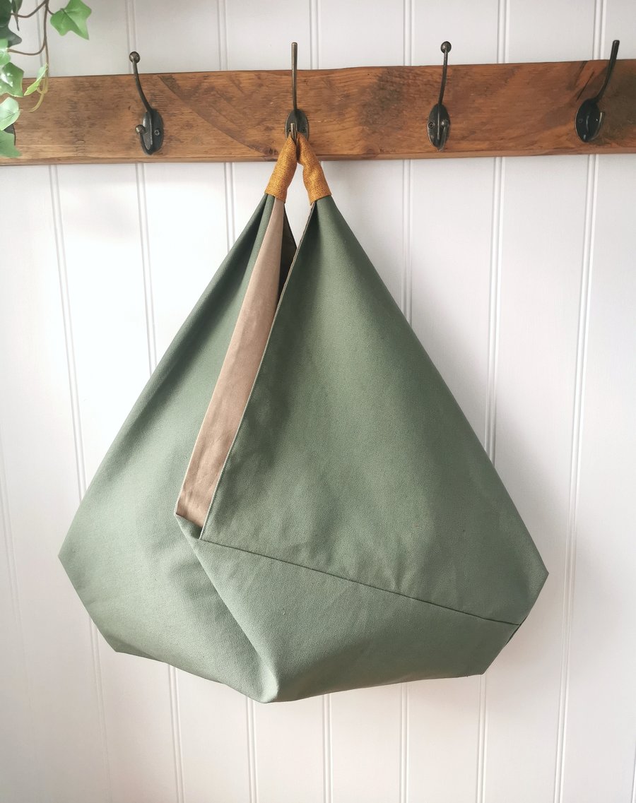 Sage Green Canvas Slouchy Origami Bag with Mustard Herringbone Handle