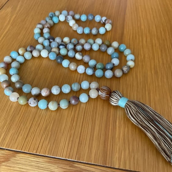 Flower Amazonite and Bodhi root hand knotted gemstone tassel necklace 108 beads