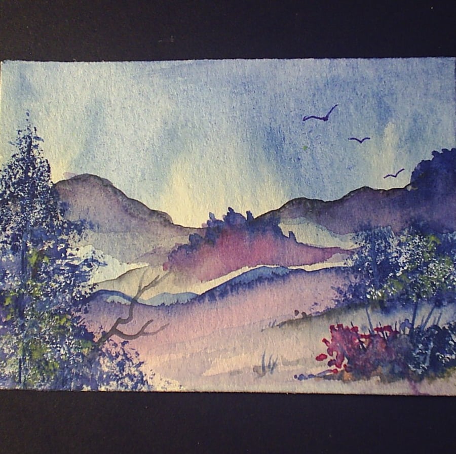 aceo SFA original miniature watercolour painting landscape Mountain scene