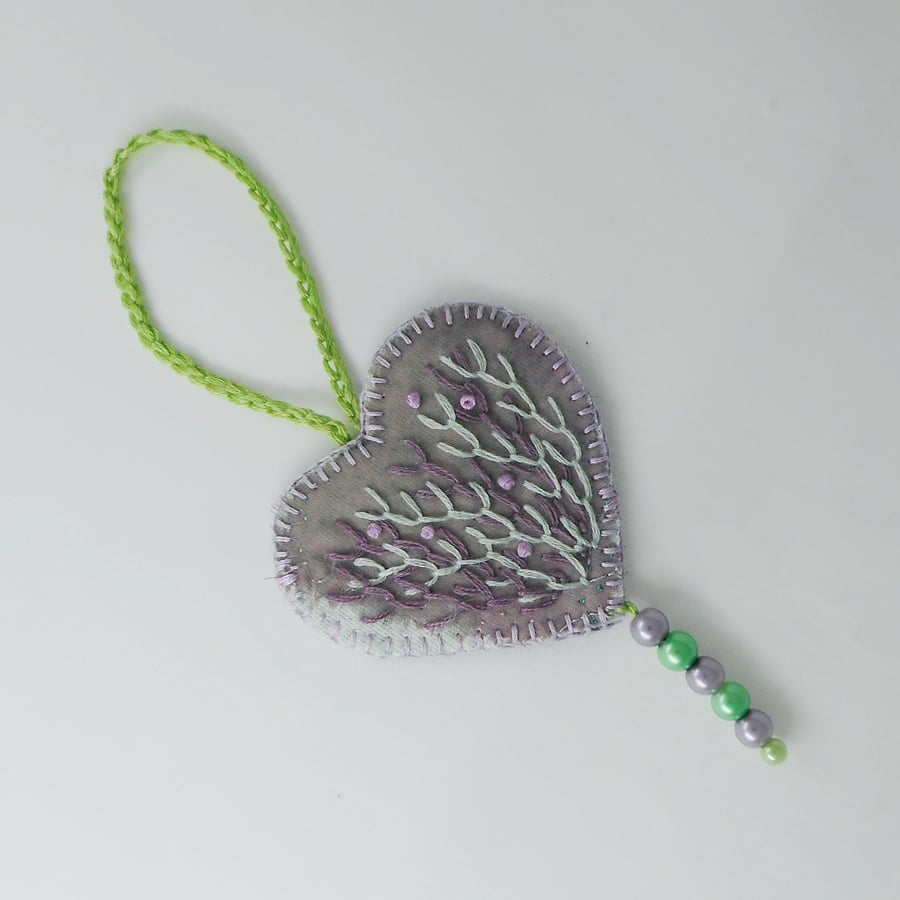 SOLD Haar - heart shaped hanging ornament with hand embroidery and glass beads