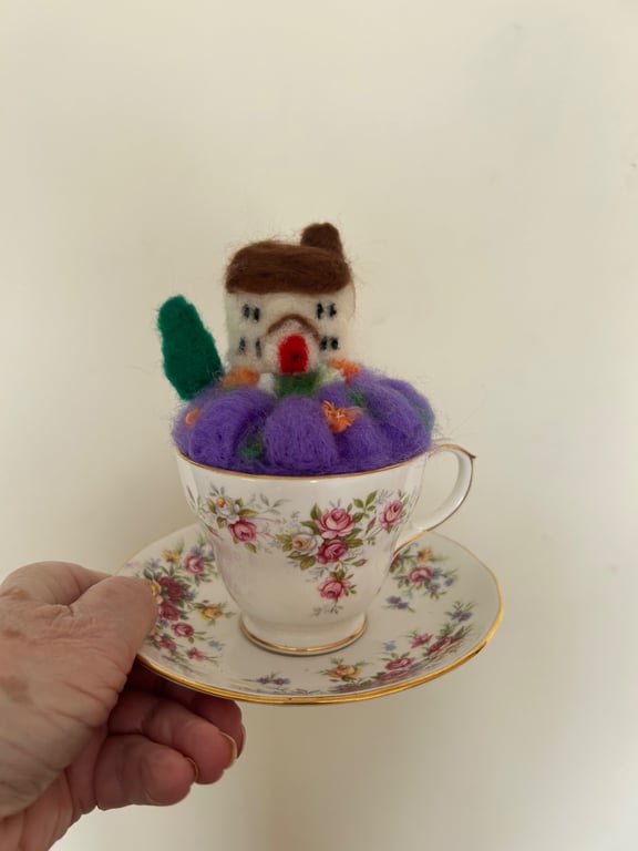 Needle felted Lavender Garden in China cup