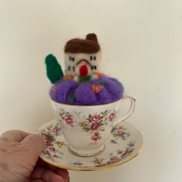 Needle felted Lavender Garden in China cup