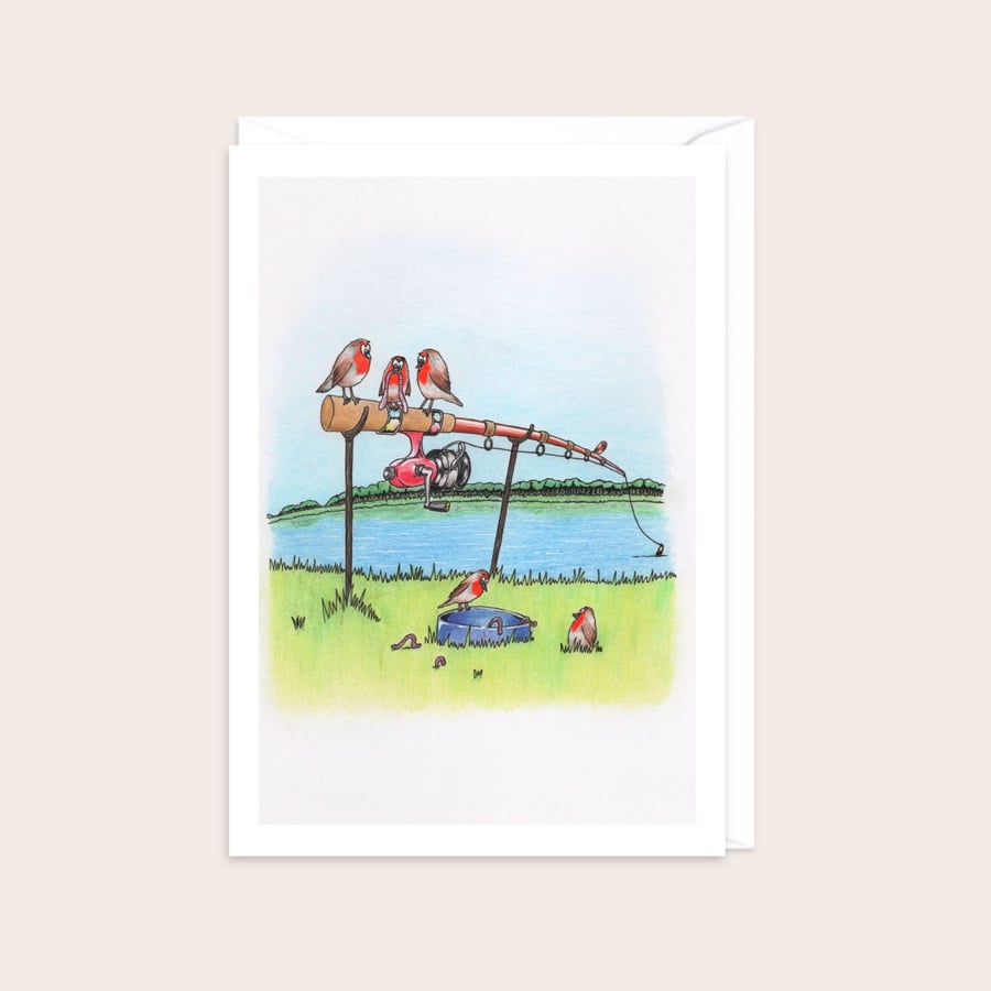 River Bank Greeting Card: Robins on a Fishing Rod Pencil Illustration (212)
