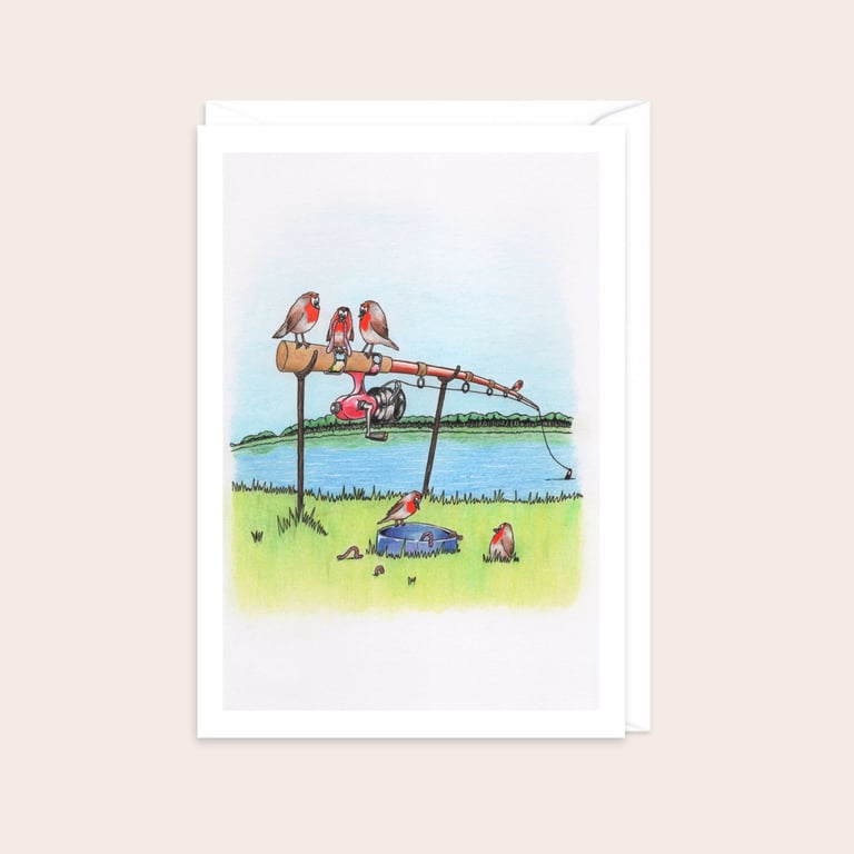 River Bank Greeting Card: Robins on a Fishing Rod Pencil Illustration (212)