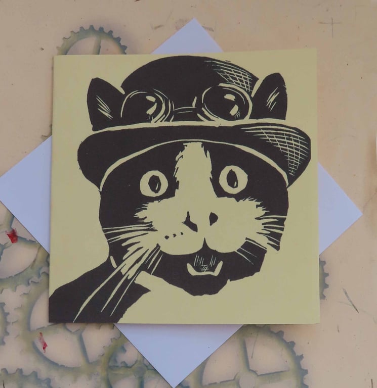 Steampunk Cat Art Greeting Card From Original Lino Cut Print Cream