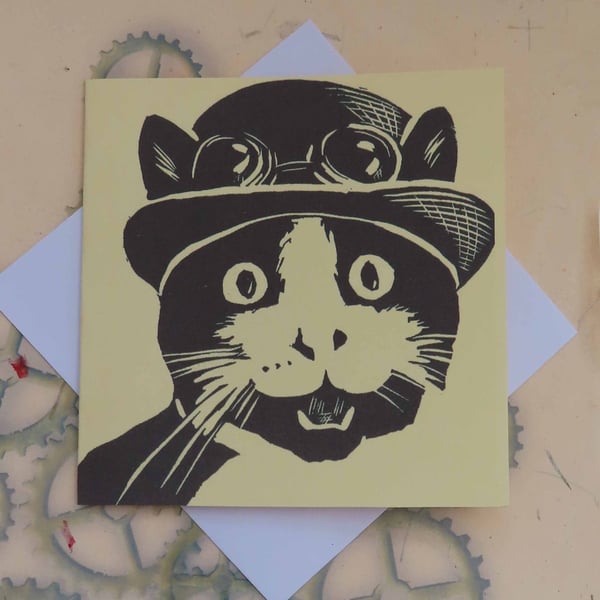 Steampunk Cat Art Greeting Card From Original Lino Cut Print Cream
