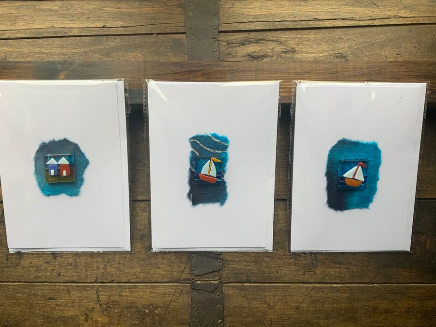 Choice of fused Glass Art greeting cards. Beach Huts or colourful yachts