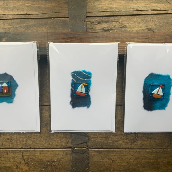 Choice of fused Glass Art greeting cards. Beach Huts or colourful yachts