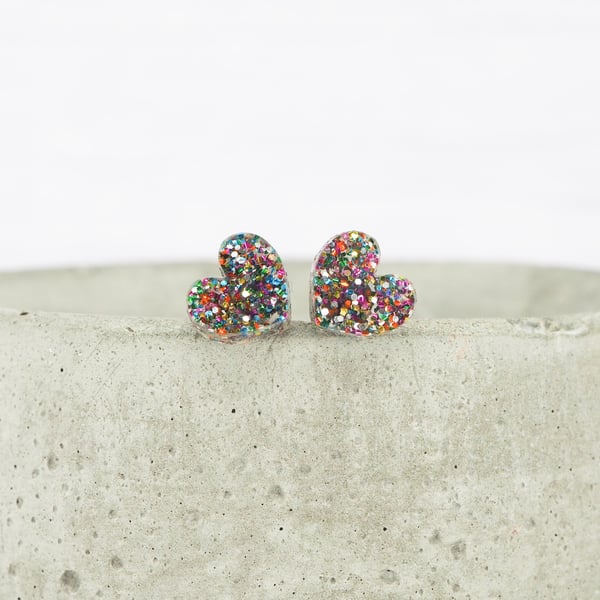 Mixed glitter small heart studs, Hypoallergenic titanium posts