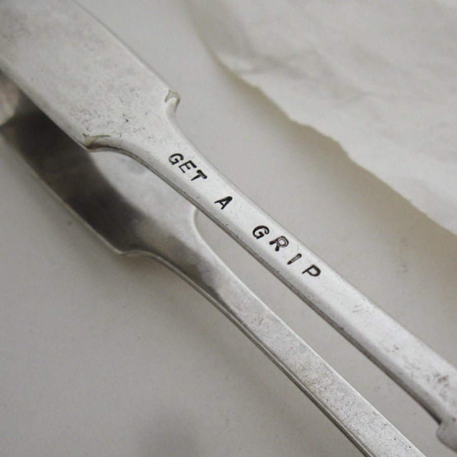 Sweary Sugar Tongs, FFS Get a Grip, Handstamped Vintage Servers