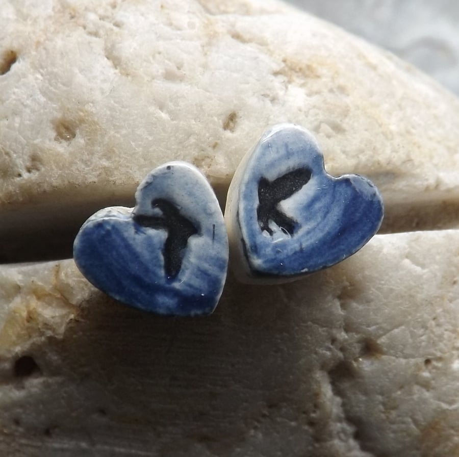 Handmade ceramic and sterling silver Swallows Heart stud earrings in blue
