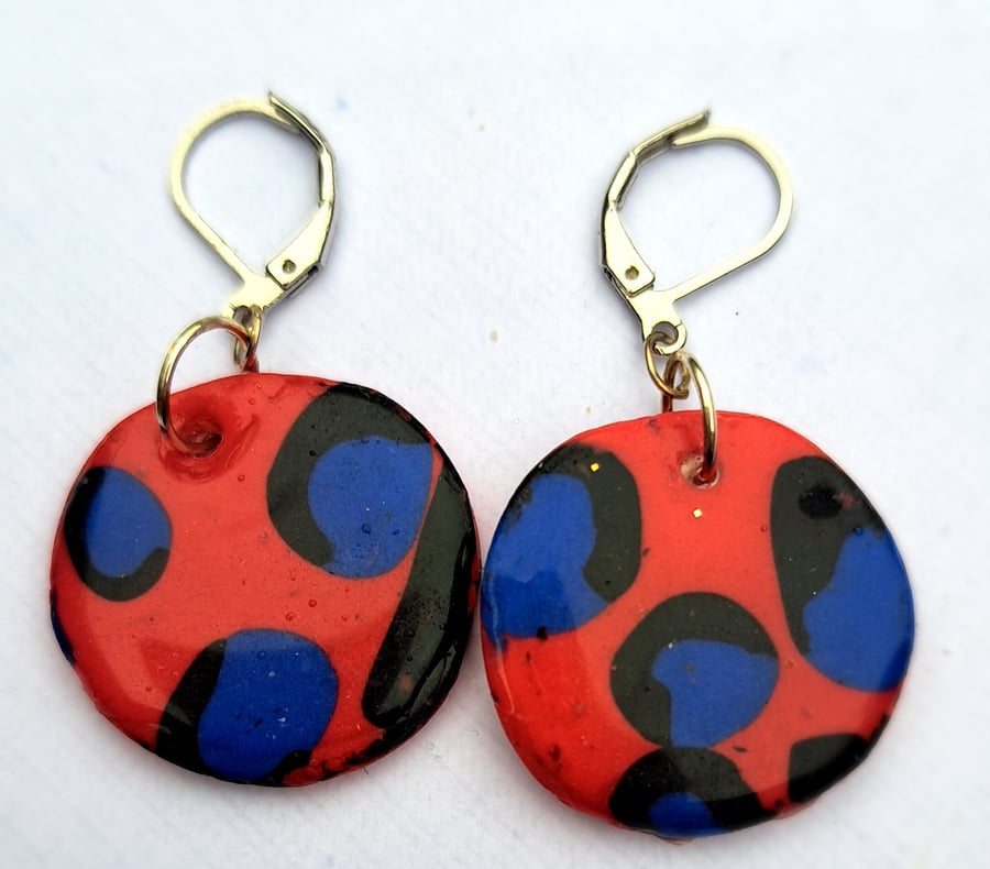 Leopard print circular earrings, red, blue, black