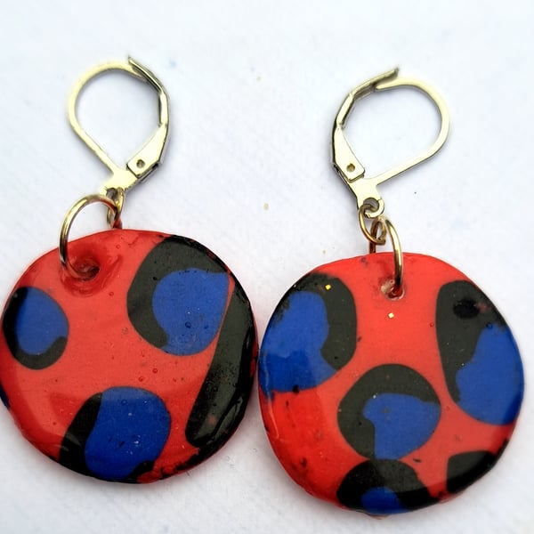 Leopard print circular earrings, red, blue, black
