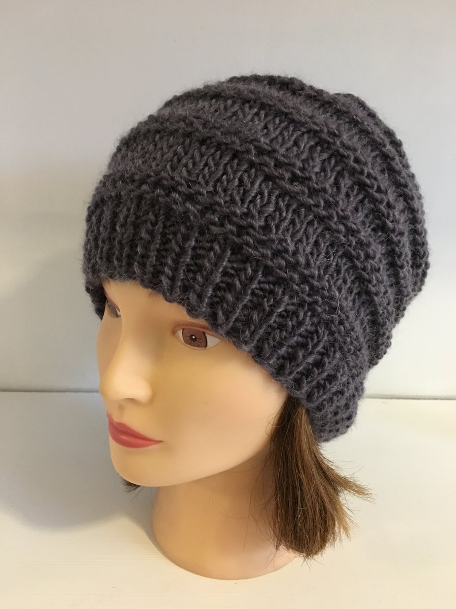 Muted Mauve Soft and Chunky Hand Knitted Womens Winter Beanie Hats 