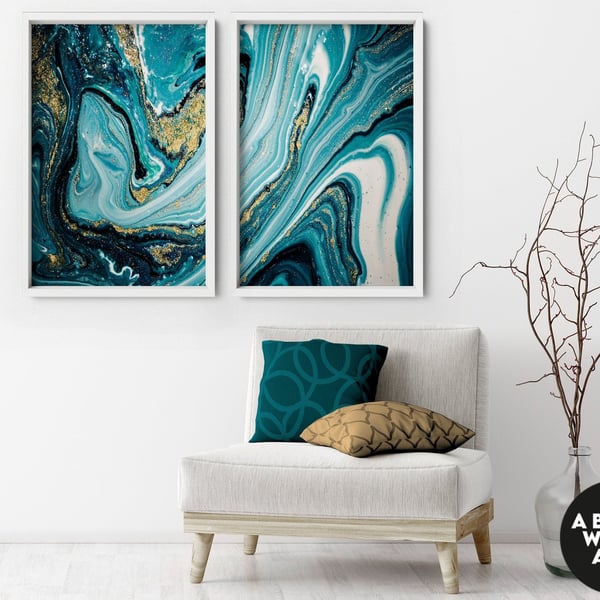 Teal marble wall art, minimalist decor bedroom wall decor over the bed set of 2 