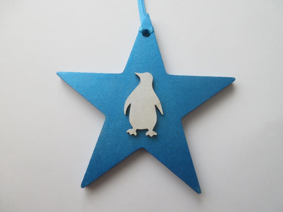 Penguin Star Christmas Tree Decoration Blue White