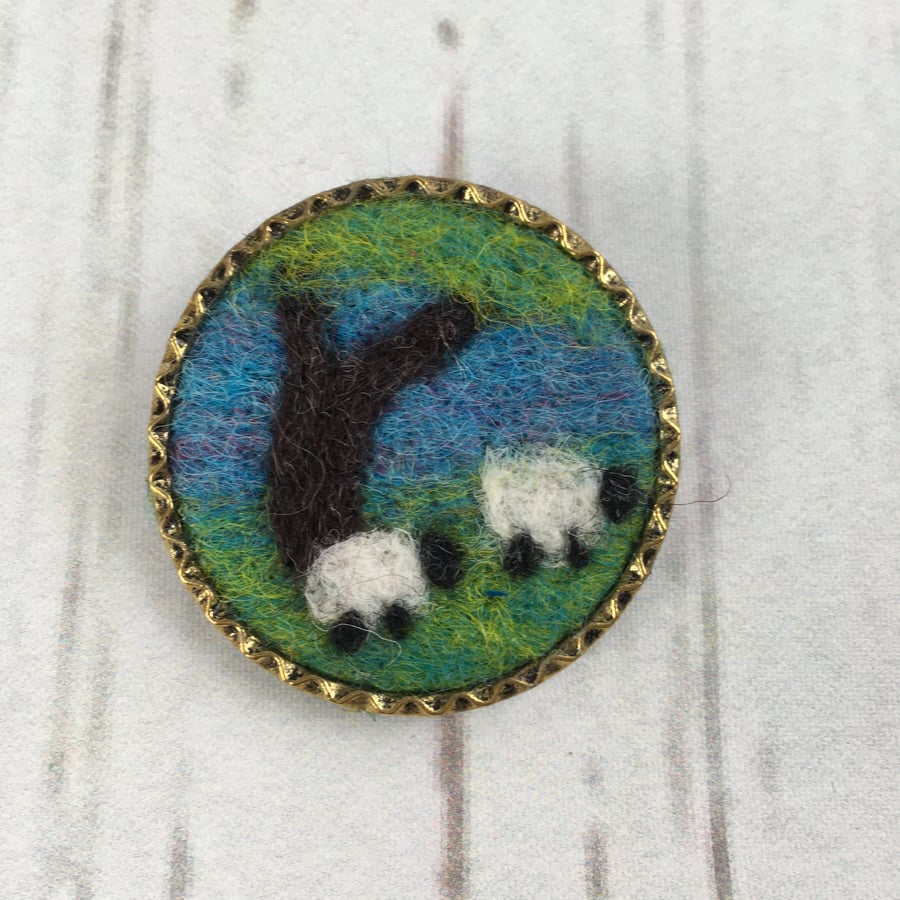 Brooch, badge or lapel pin, needle felted sheep