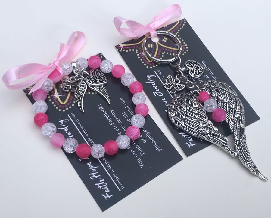 Clear Quartz & Pink Agate Butterlfy Healing Bracelet & Keyring Angel Wings Set 